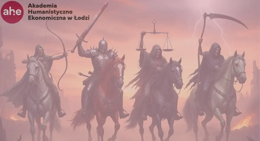 Czterej jeźdźcy Apokalipsy, symbolizujący wydarzenia z ostatniej księgi Nowego Testamentu, na tle burzowego nieba.