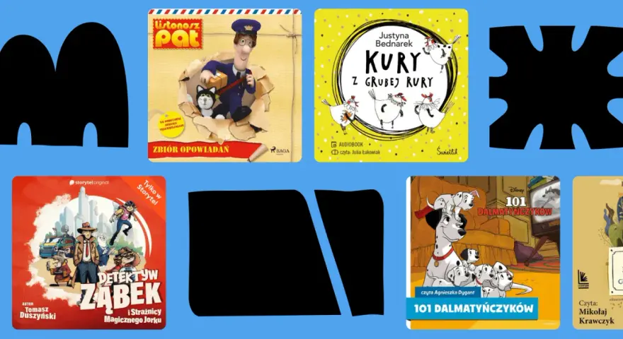 Kolekcja audiobook top 10: Listonosz Pat, Kury z Grubej Rury, Detektyw Ząbek i 101 Dalmatyńczyków.