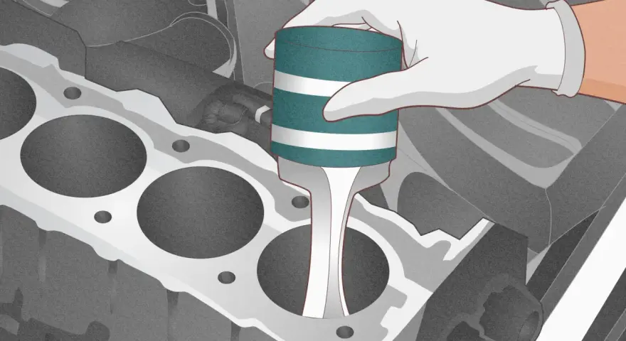 A gloved hand inserts a tool into a cylinder bore, possibly to address a p0302 code by checking for piston or cylinder damage.