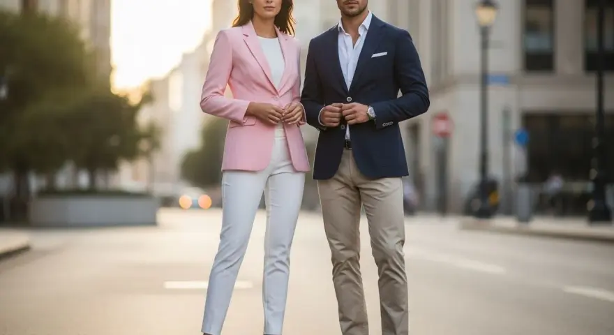 Elegancka para na ulicy. Ona w różowej marynarce i białych spodniach, on w granatowej marynarce i beżowych chinosach. Inspiracja, jak ubierać się z klasą.