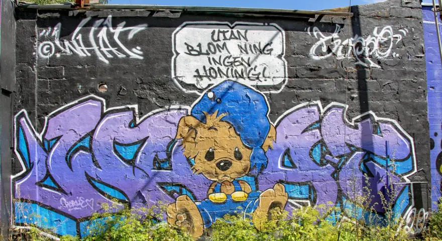 Enkel graffiti på en tegelvägg visar en brun nallebjörn i blå overall och mössa, med texten "Utan blommor ingen honung!".