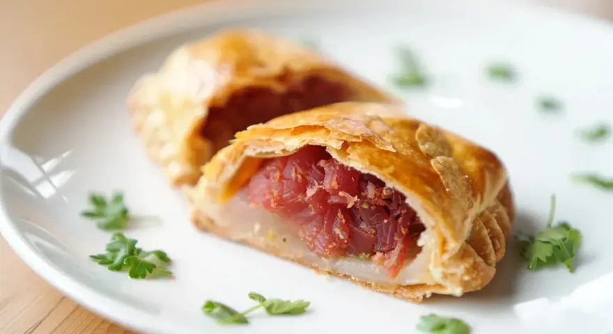 Deliciosa empanada de atún, dorada y crujiente, rellena de atún fresco y especias. Perfecta para un bocado sabroso.