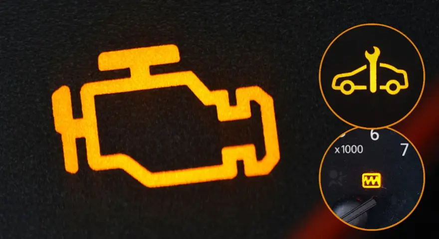 Pomarańczowy symbol check engine świeci się, sugerując problem z silnikiem lub słabe paliwo. Obok kontrolka serwisu i kontrolka ciśnienia w oponach.