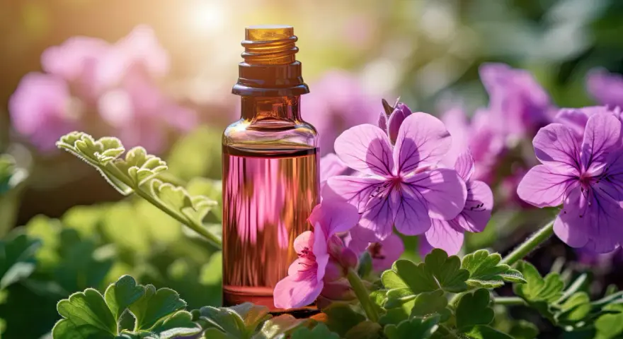 A small amber bottle of pink geranium essential oil sits amongst vibrant pink geranium flowers and green leaves, hinting at its spiritual benefits.