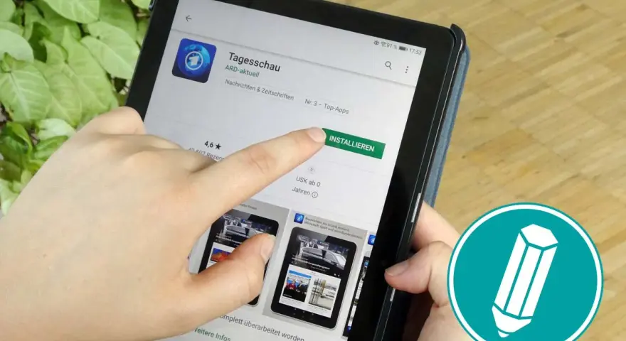 Finger tippt auf "Installieren"-Button einer App auf einem Tablet.