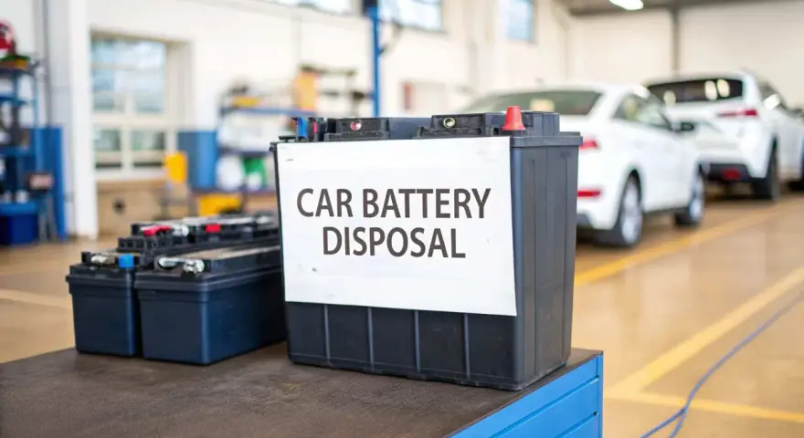 Car battery disposal bin in a garage, ready for responsible car battery recycling.