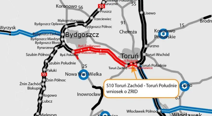 Mapa drogowa z zaznaczonymi trasami S5 i S10 między Bydgoszczą a Toruniem, z widocznymi mniejszymi miejscowościami.
