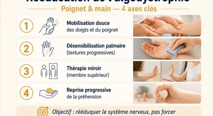 Rééducation du poignet et de la main pour l'algodystrophie : mobilisation, désensibilisation, thérapie miroir, reprise de préhension. Objectif : rééduquer le système nerveux.