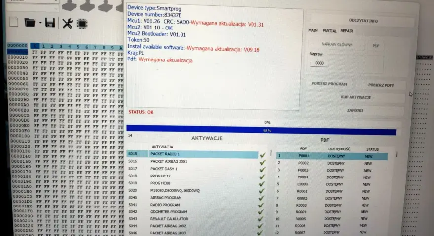 Program carprog2 wyświetla informacje o aktualizacji urządzenia i dostępnych modułach, takich jak "PACKET RADIO 1".