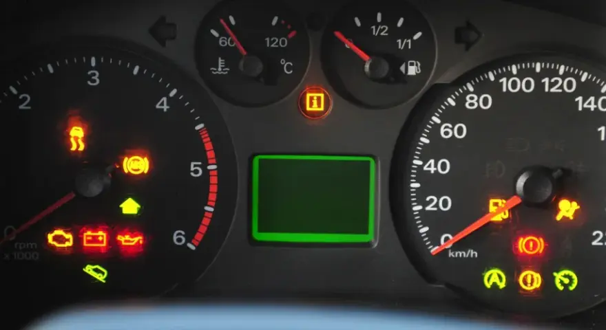 Armaturenbrett mit leuchtenden Warnleuchten: Motorblock, ABS, Airbag, Batterie, Öl und mehr. Ein Auto mit Problemen.