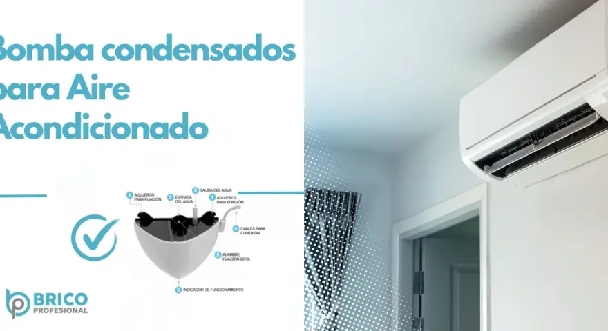 Bomba condensados para aire acondicionado, con diagrama de sus partes: entrada, salida de agua, fijación y conexión.
