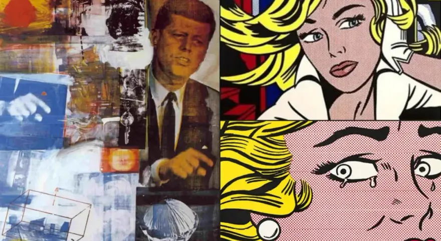 Collage mit JFK und Pop-Art-Künstler-Werken von Lichtenstein.