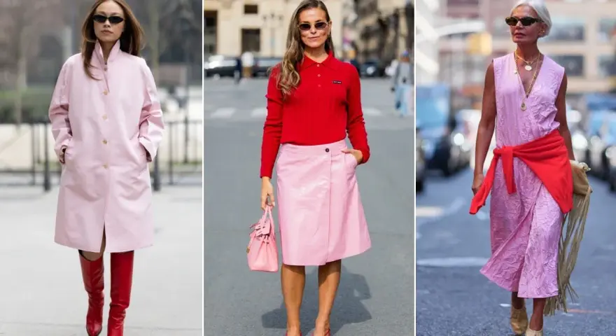 Tre donne sfoggiano un outfit rosa e rosso: cappotto rosa con stivali rossi, maglia rossa con gonna rosa, e abito rosa con maglia rossa legata in vita.