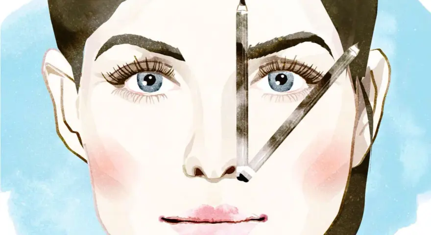 Illustration einer Frau mit blauen Augen und drei Bleistiften im Gesicht, die auf Augenbrauen und Nase zeigen.