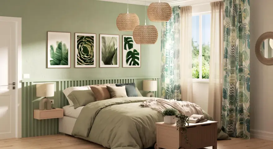 Camera da letto con stampe botaniche, tessuti naturali e luci in rattan. Un'oasi di pace per le tue ispirazioni camera da letto.