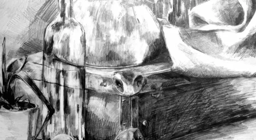 Szkic martwej natury z butelką, rośliną i skrzynią. Idealne rysunki dla początkujących, by ćwiczyć cieniowanie.