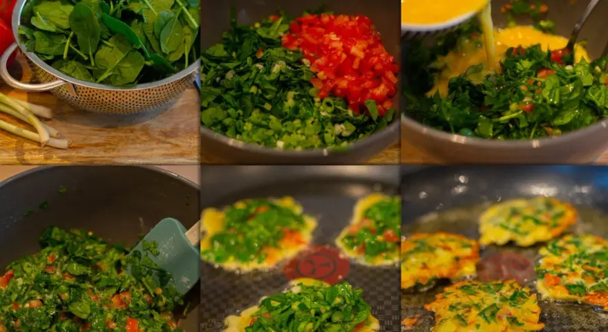 Förberedelse av torrejas salvadoreñas: färsk spenat, hackad tomat, salladslök och ägg blandas och steks gyllene i panna.