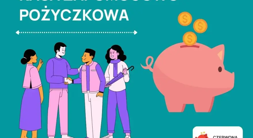 Kasa zapomogowo-pożyczkowa (KZP) to miejsce, gdzie ludzie pomagają sobie finansowo. Na obrazku widzimy ludzi i skarbonkę, symbolizującą oszczędności.