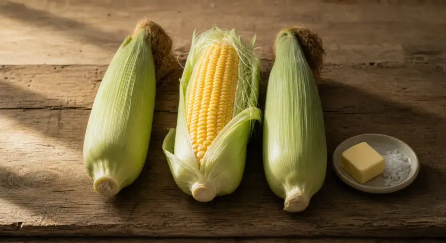 Drei Maiskolben liegen auf Holz. Einer ist geschält und zeigt die gelben Körner. Daneben eine kleine Schale mit Butter und Salz – bereit, um Mais zu kochen.