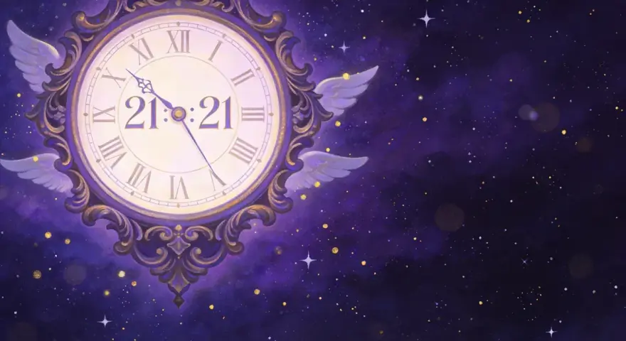 Zegar z anielskimi skrzydłami wskazuje 21:21. To magiczne 21 21 znaczenie, czas pełen tajemnic i możliwości, na tle gwieździstego nieba.