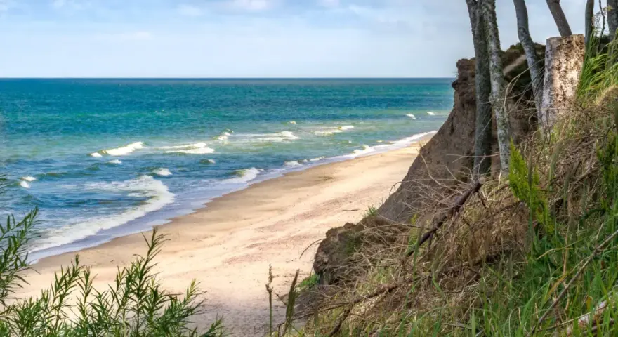 Wyspa Sobieszewska: piaszczysta plaża, turkusowe morze i strome klify porośnięte drzewami.