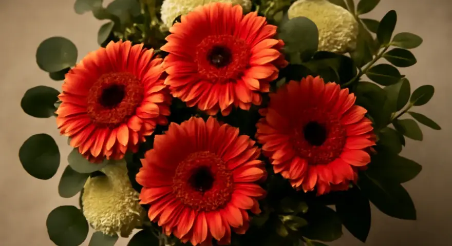 En bukett med lysande orange gerbera blomma, omgiven av gröna blad och fluffiga vita blommor.