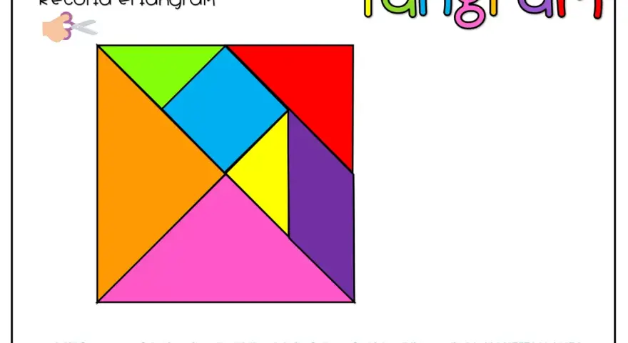 Un tangram de colores con formas geométricas para crear figuras tangram fáciles. ¡A recortar y jugar!