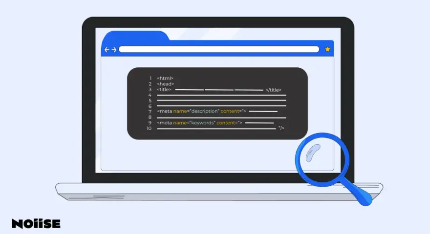 Code HTML sur un écran d'ordinateur, montrant la balise title WordPress et les balises meta pour le SEO. Une loupe examine le code.
