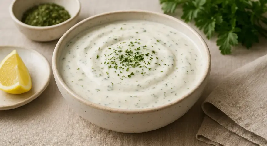 En skål med krämig ranch dressing, garnerad med persilja, bredvid en citronklyfta och en liten skål med torkade örter.