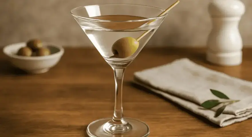 Klasyczny dry martini przepis: schłodzony gin, odrobina wytrawnego wermutu i oliwka. Idealny drink na każdą okazję.