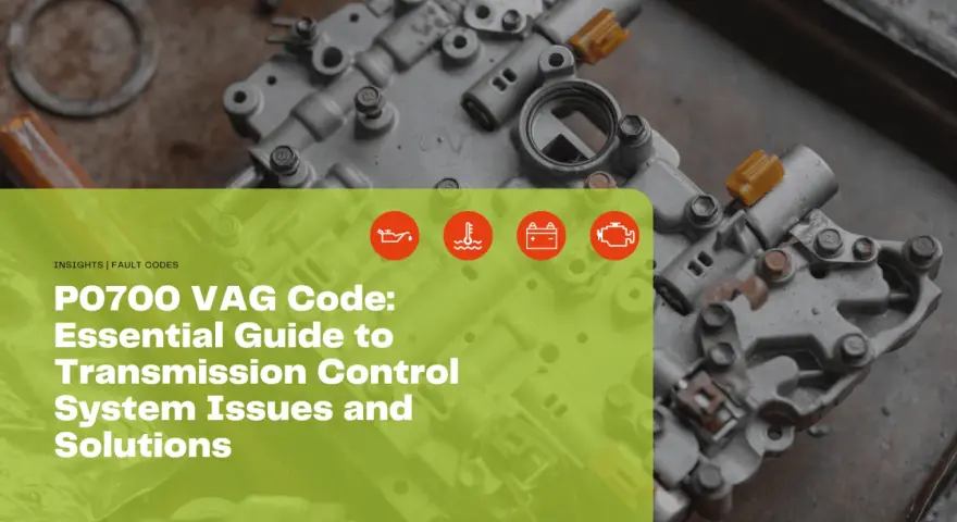 Guide to P0700 VAG code, covering transmission control system issues and solutions. Features icons for oil, temperature, battery, and engine.