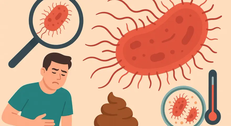 Uomo con mal di pancia, feci arancioni, batteri visti al microscopio e termometro.