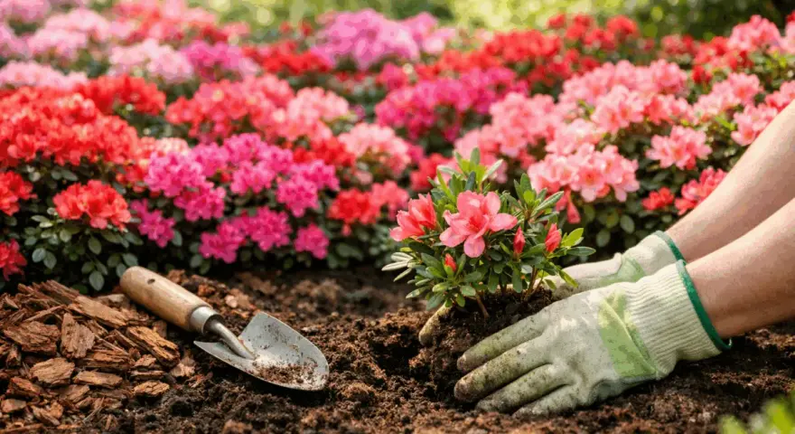 Manos enguantadas plantan una azalea rosa entre vibrantes tipos de azaleas rojas y rosas. Pala y mantillo cerca.