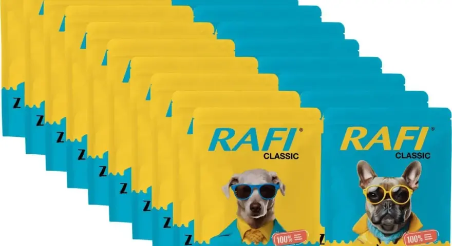 Opakowania karmy dla psów Rafi Classic z kurczakiem i wołowiną, z psami w okularach.