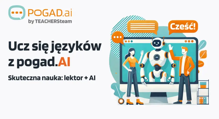 Ilustracja: robot i ludzie uczący się języków z pomocą AI, z dymkami dialogowymi.