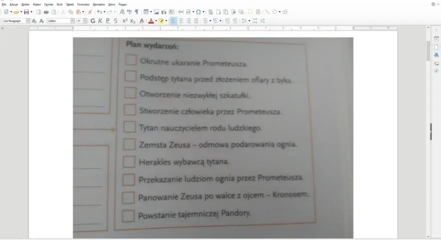 Plan wydarzeń: okrutne ukaranie Prometeusza, podstęp tytana, stworzenie człowieka, zemsta Zeusa, Herakles wybawca tytana, przekazanie ognia, powstanie Pandory.