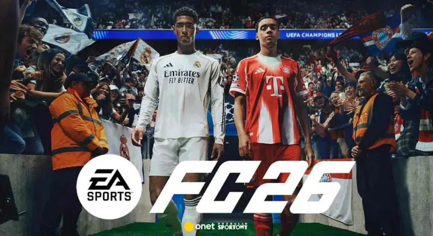 Dwóch piłkarzy w strojach Realu Madryt i Bayernu Monachium na tle trybun pełnych kibiców. Wielkie logo FC 26 sugeruje, kiedy nowa FIFA.