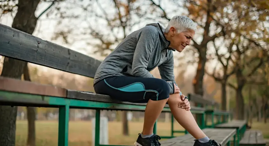 Kvinna med benhinneinflammation utsida sitter på en bänk och håller sig om smärtande underbenet.