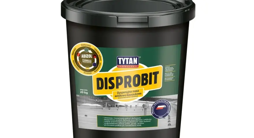 Czarny kubeł z masą **Disprobit** do renowacji dachów. Produkt Tytan Professional, 20 kg, z formułą Abizol.