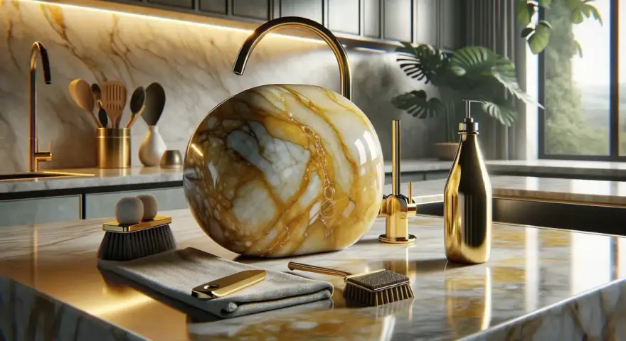 Un lavabo esférico de mármol veteado en oro y blanco, junto a un grifo dorado y accesorios para pulir mármol.