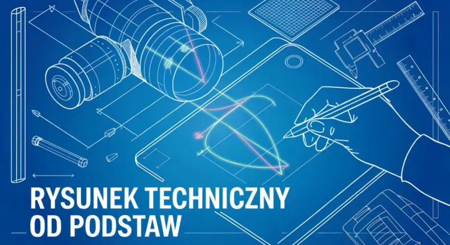 Rysunek techniczny od podstaw: dłoń kreśli linie na planie, obok części mechaniczne i narzędzia pomiarowe.