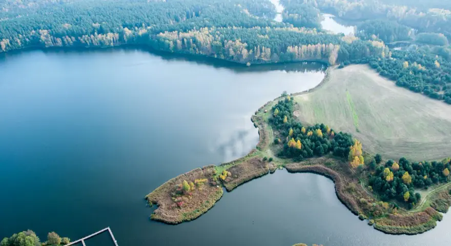 Malownicze jeziora i lasy, gdzie leżą Bory Tucholskie, jesienią zachwycają feerią barw. Widok z lotu ptaka.