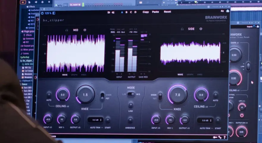 Ustawienia wtyczki audio, w tym suwaki i wykresy, pokazujące kontrolę nad **soft clipping** i poziomami sygnału.