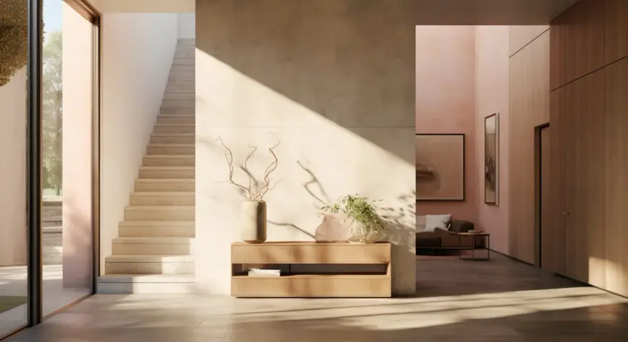 Ingresso moderno con pareti dipinte particolari, scala in pietra e arredi minimalisti. La luce solare crea giochi d'ombra suggestivi.