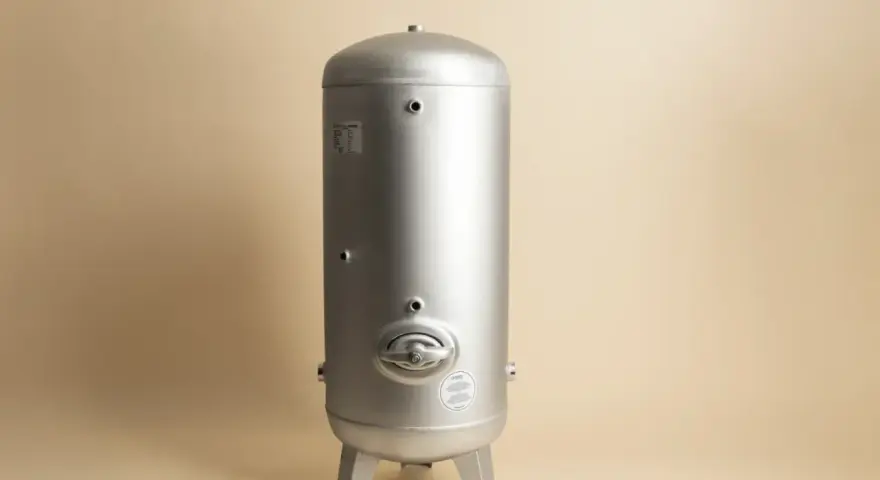 En silverfärgad hydrofor eller hydropress står på tre ben mot en ljusbeige bakgrund.