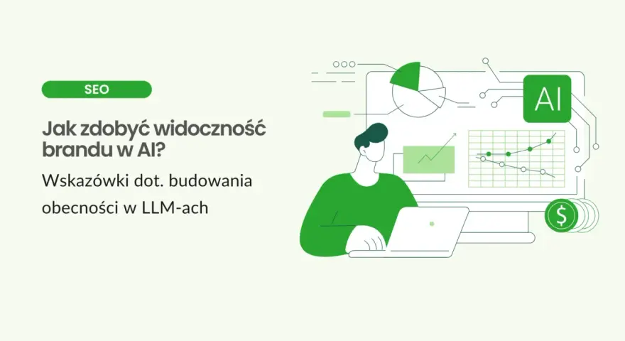 Grafika ilustruje budowanie widoczności marki w AI. W tle wykresy i ikona AI. Nie ma tu nic o zespole Treacher Collins.