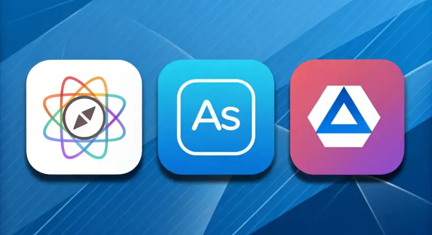 Trzy ikony aplikacji: z kompasem, "As" (Adobe Illustrator) i trójkątem.