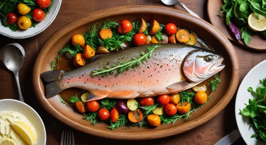 Hel, vacker fisk i ugn, dekorerad med örter och serverad med rostade tomater och potatis. En festlig måltid!