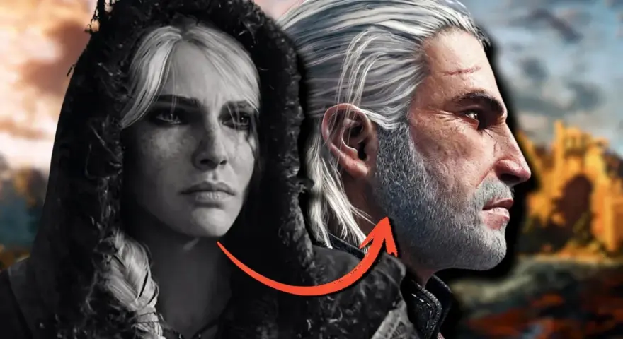 Ciri y Geralt, ¿preparando el camino para The Witcher 4? Un vistazo a sus rostros, uno en blanco y negro, el otro con un paisaje épico de fondo.