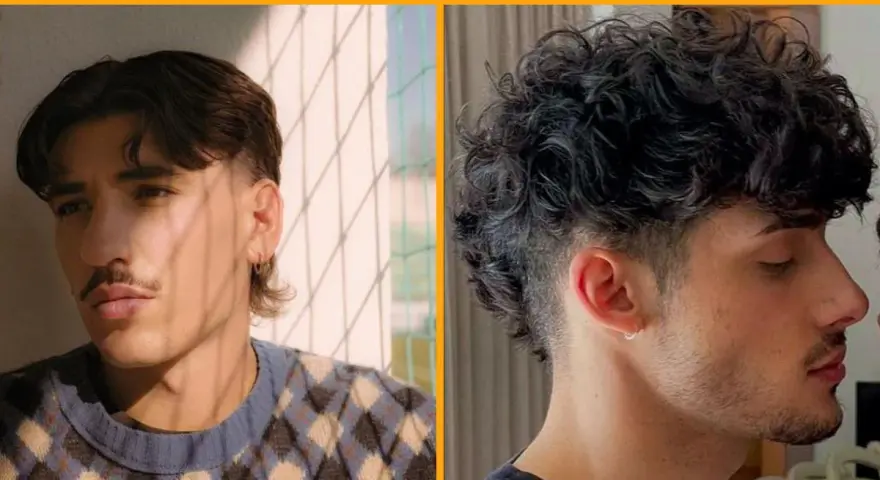 Dos hombres con distintos tipos de mullet: uno liso y con patillas, otro rizado y rapado.